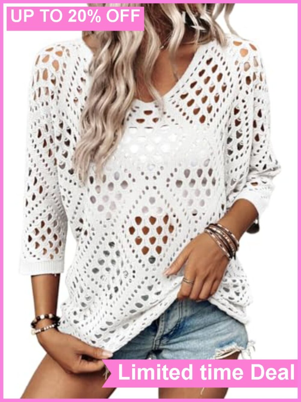 Womens Summer Hollow Out Crochet Cover Up Pullover Sweater 3/4 Sleeve